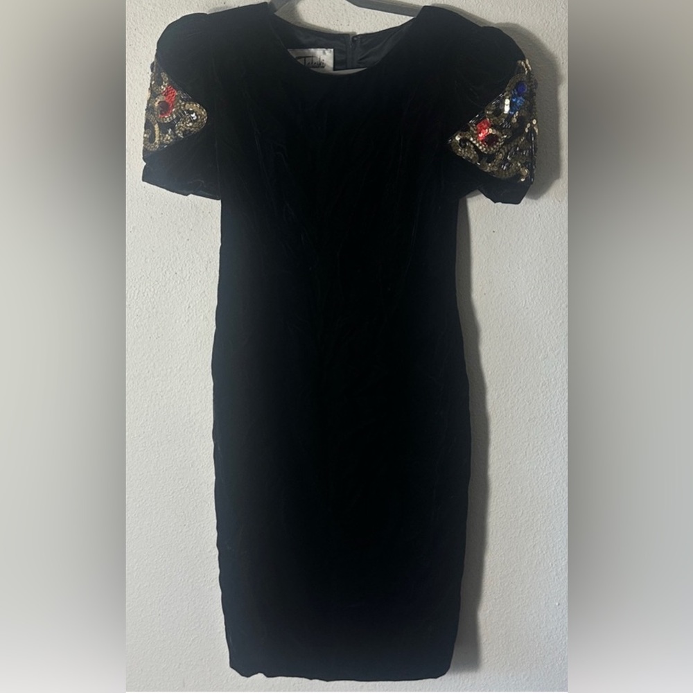 Vintage Tadashi black velvet sequined/beaded sleeve cocktail dress from Saks 8